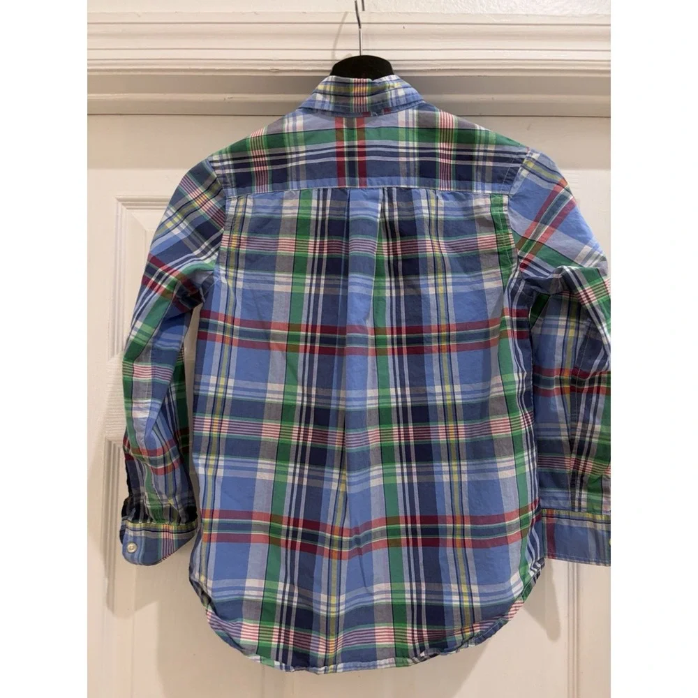 Ralph Lauren Boys Plaid Button-Down Shirt Blue Green Long Sleeve M (10-12) Logo